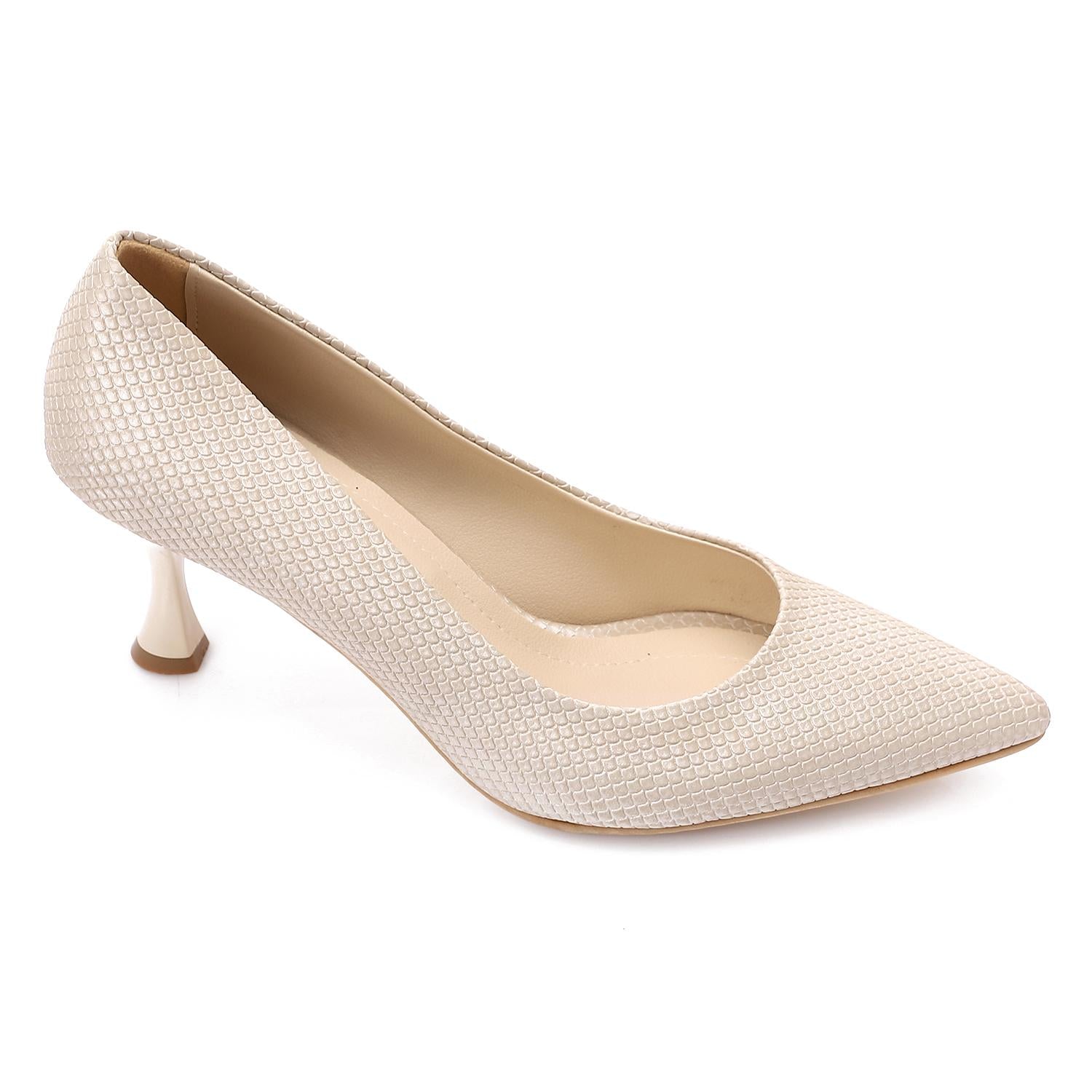 Textured Pointed-Toe Kitten Heels - Beige