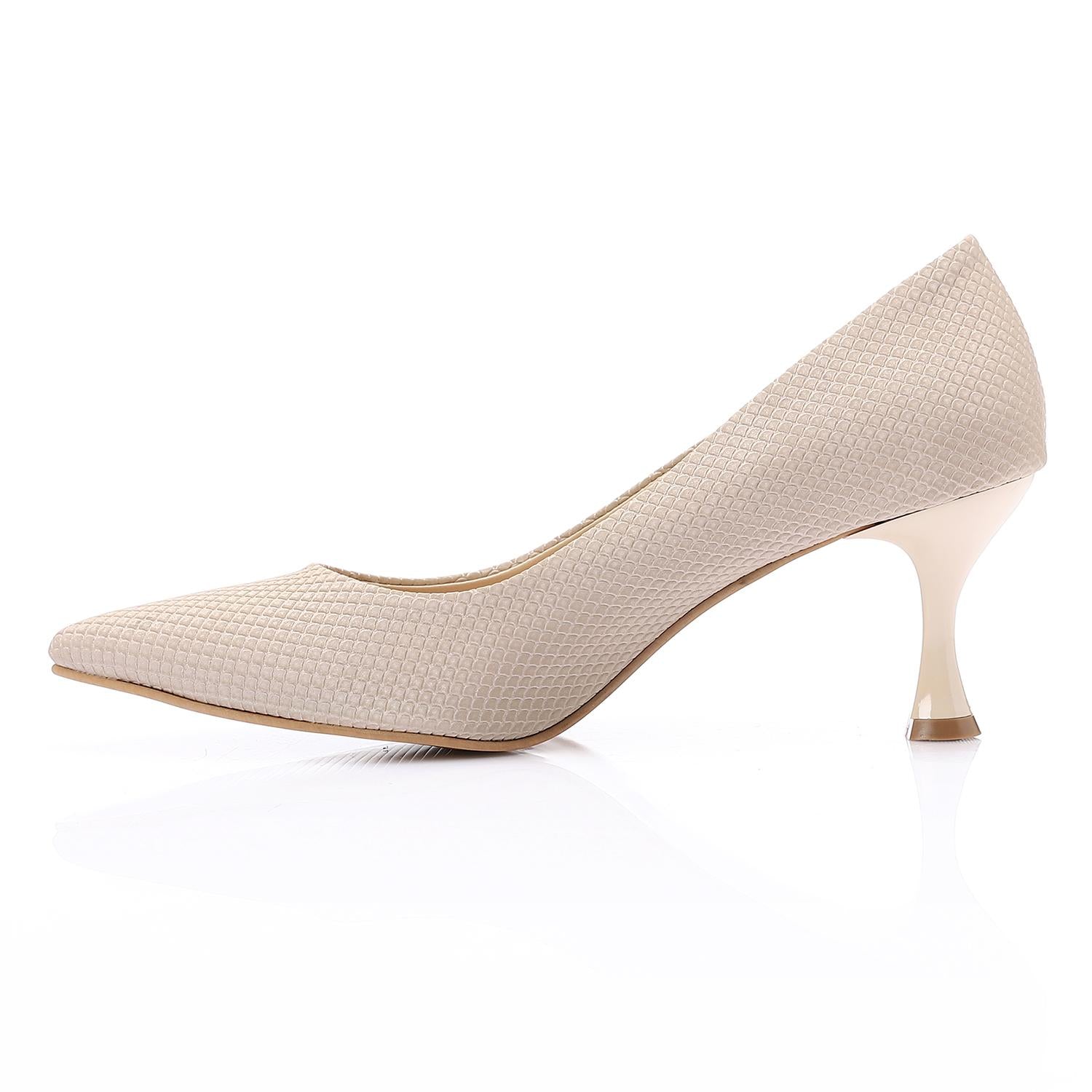 Textured Pointed-Toe Kitten Heels - Beige