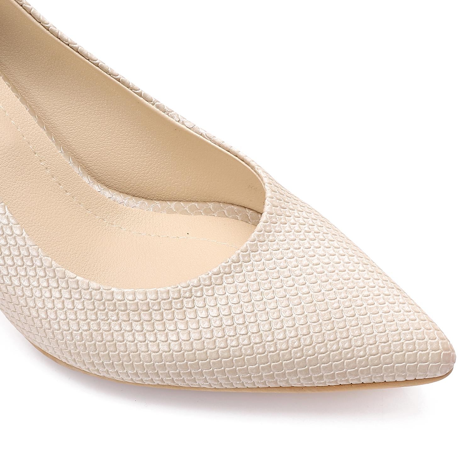 Textured Pointed-Toe Kitten Heels - Beige
