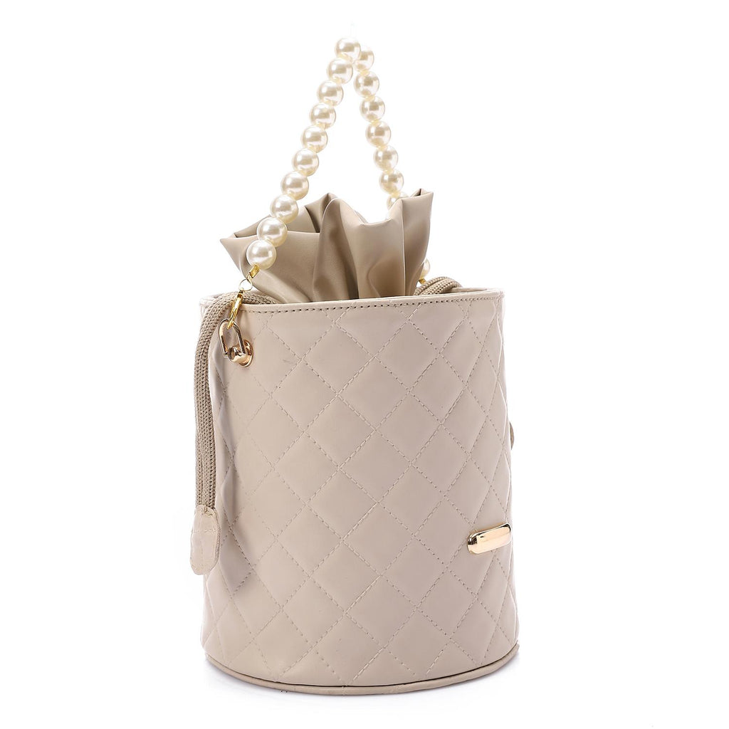 Women's Bucket Bag with Pearl Handle - Beige