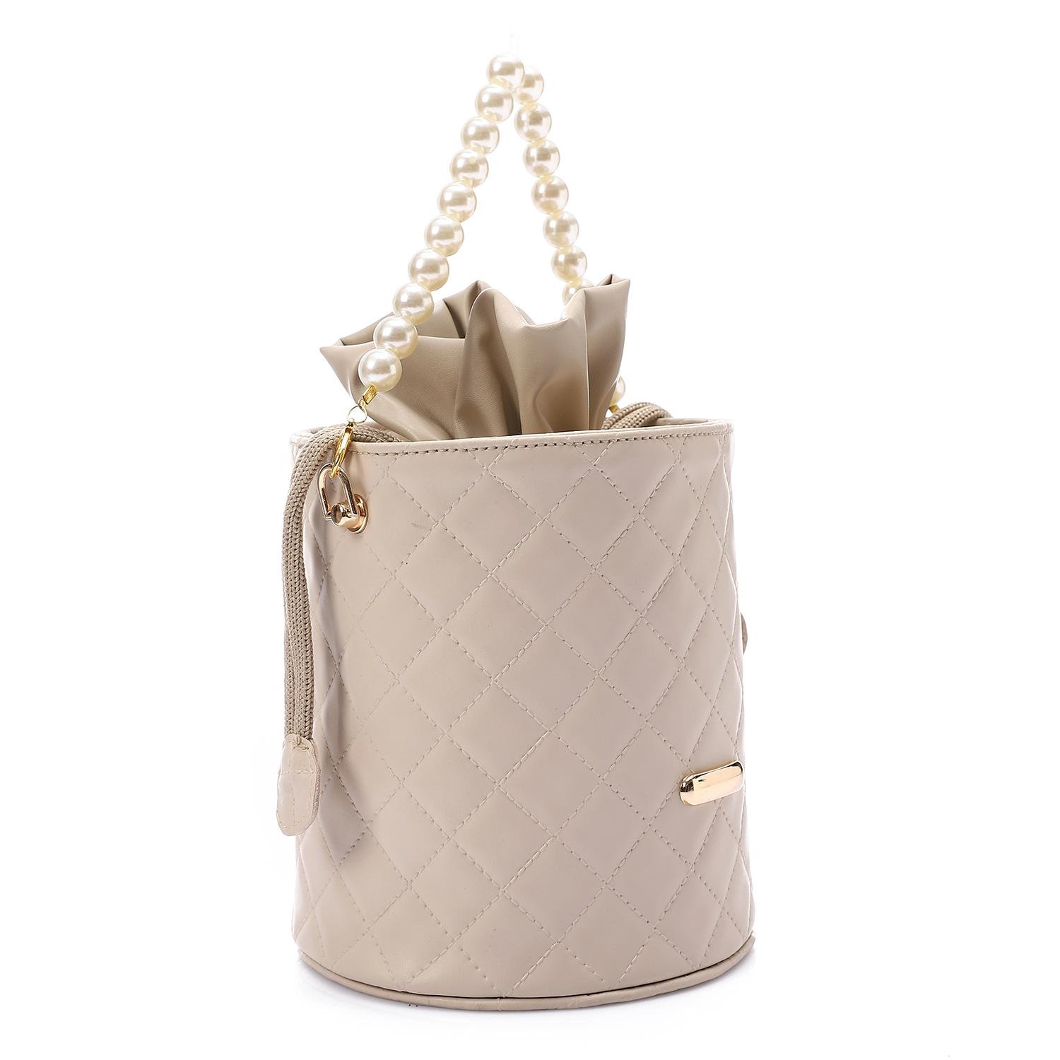Women's Bucket Bag with Pearl Handle - Beige