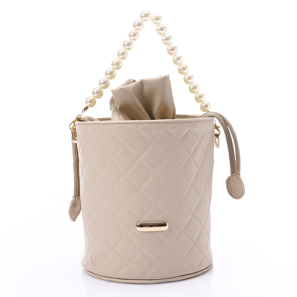 Women's Bucket Bag with Pearl Handle - Beige