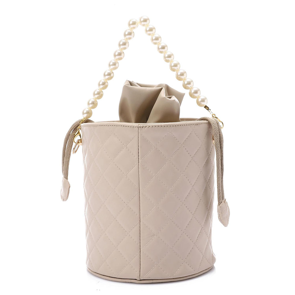 Women's Bucket Bag with Pearl Handle - Beige