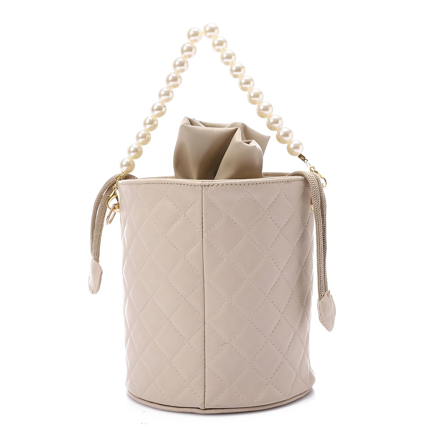 Women's Bucket Bag with Pearl Handle - Beige