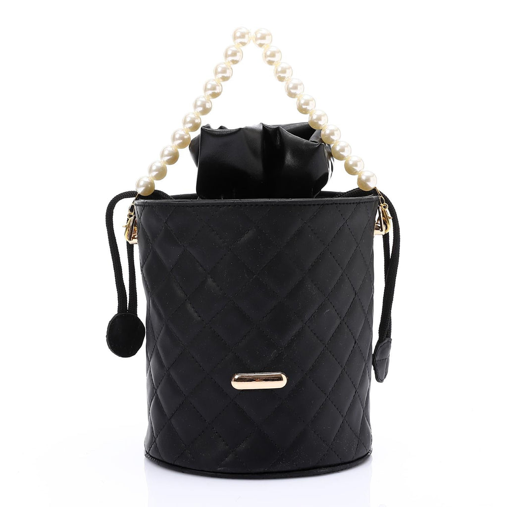 Women's Bucket Bag with Pearl Handle - Black