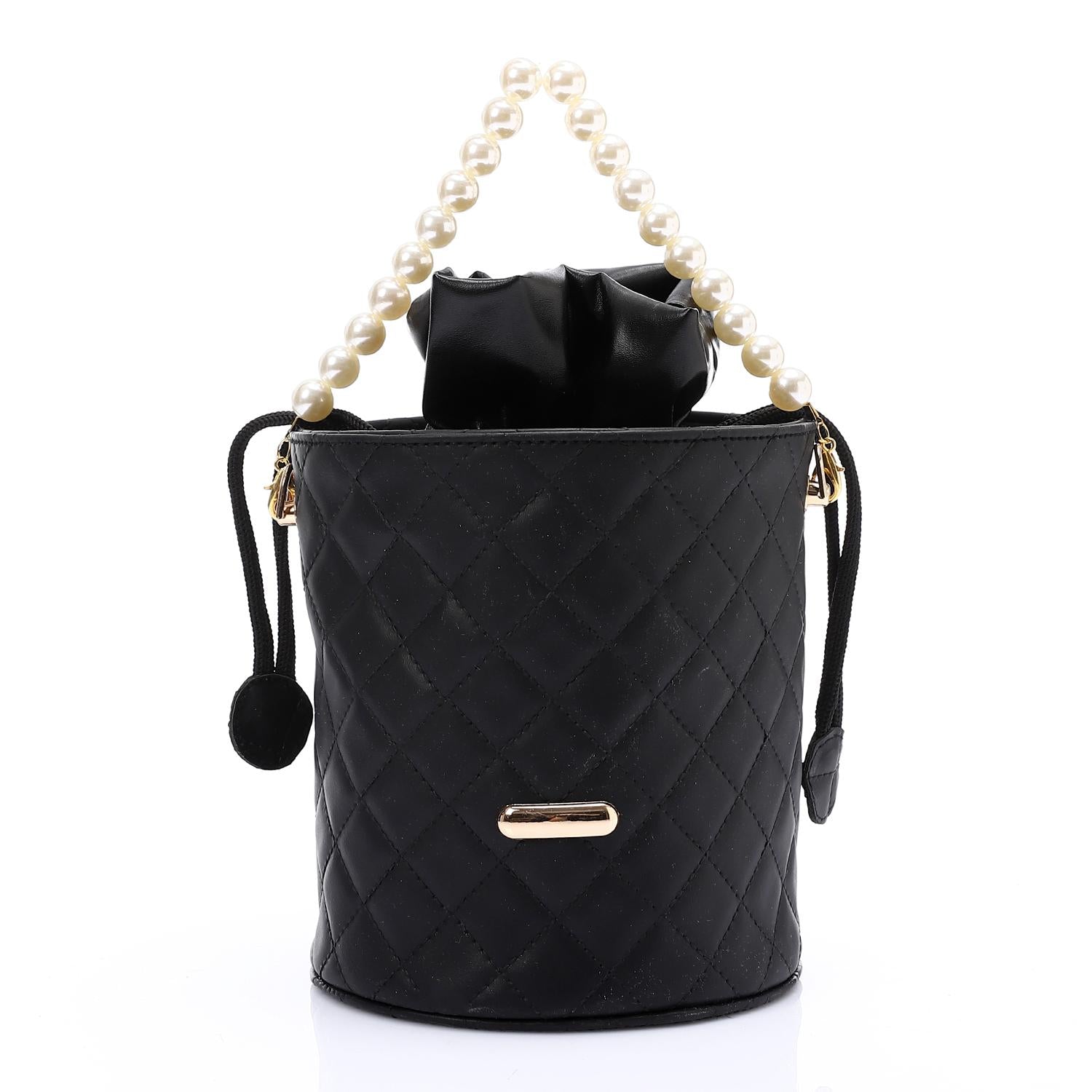 Women's Bucket Bag with Pearl Handle - Black