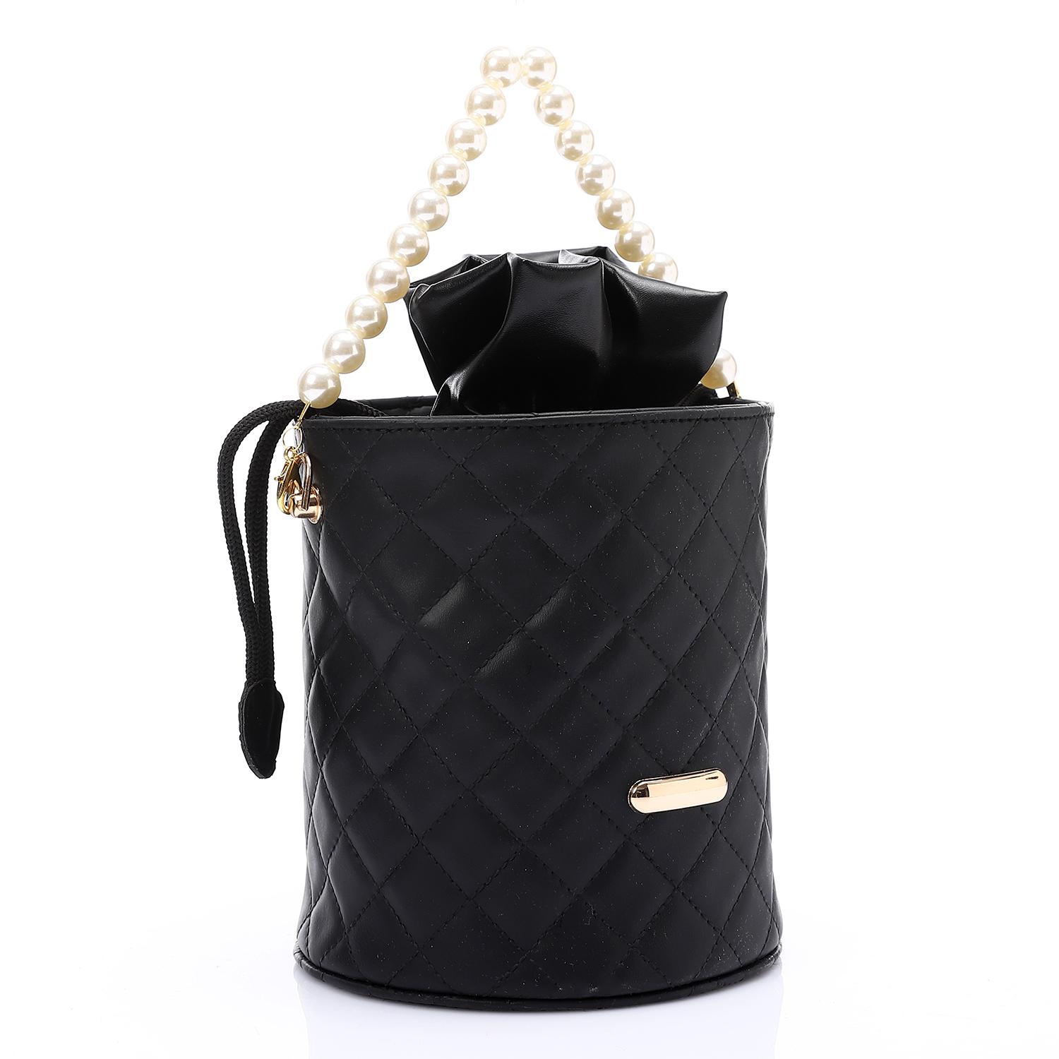 Women's Bucket Bag with Pearl Handle - Black