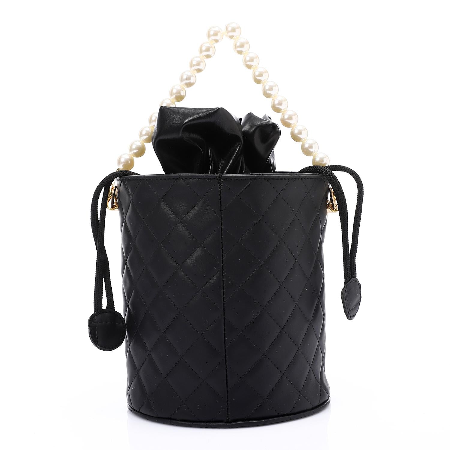 Women's Bucket Bag with Pearl Handle - Black