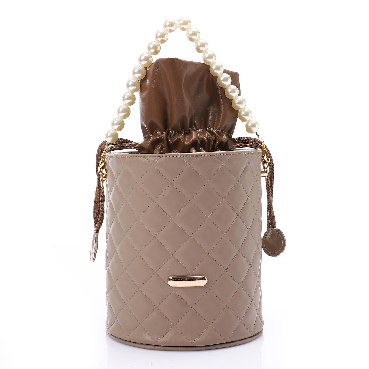 Women's Bucket Bag with Pearl Handle - Camel