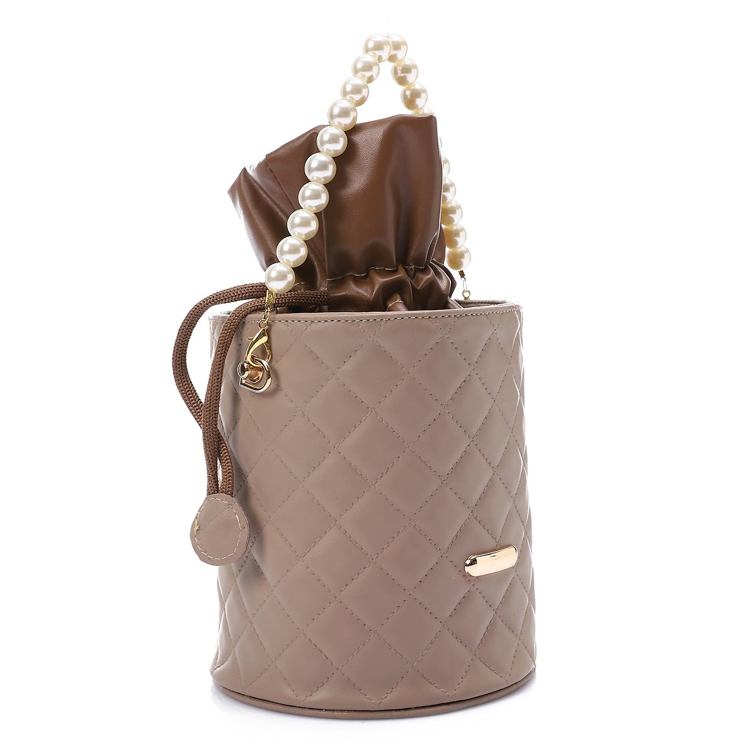 Women's Bucket Bag with Pearl Handle - Camel
