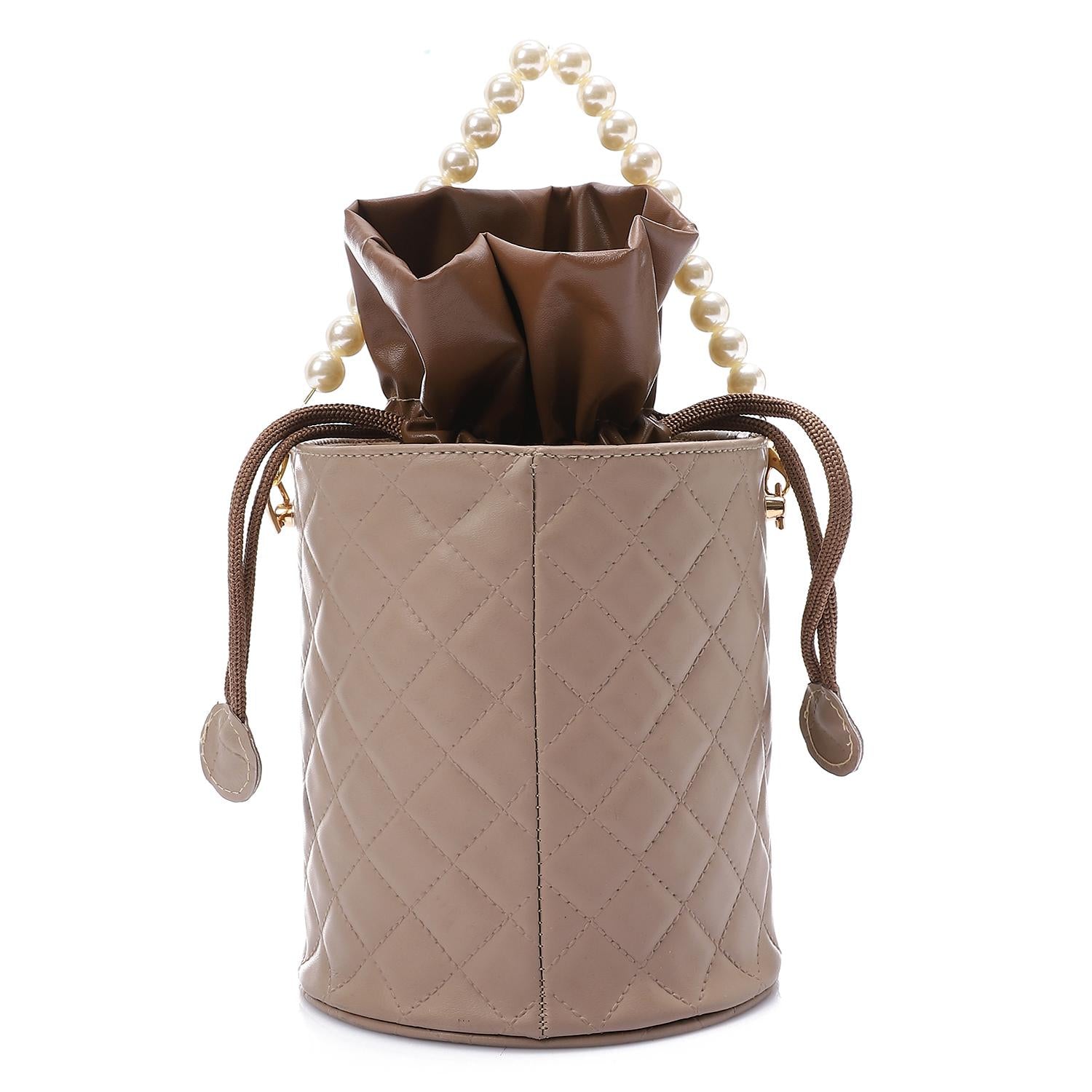 Women's Bucket Bag with Pearl Handle - Camel