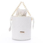 Women's Bucket Bag with Pearl Handle -White