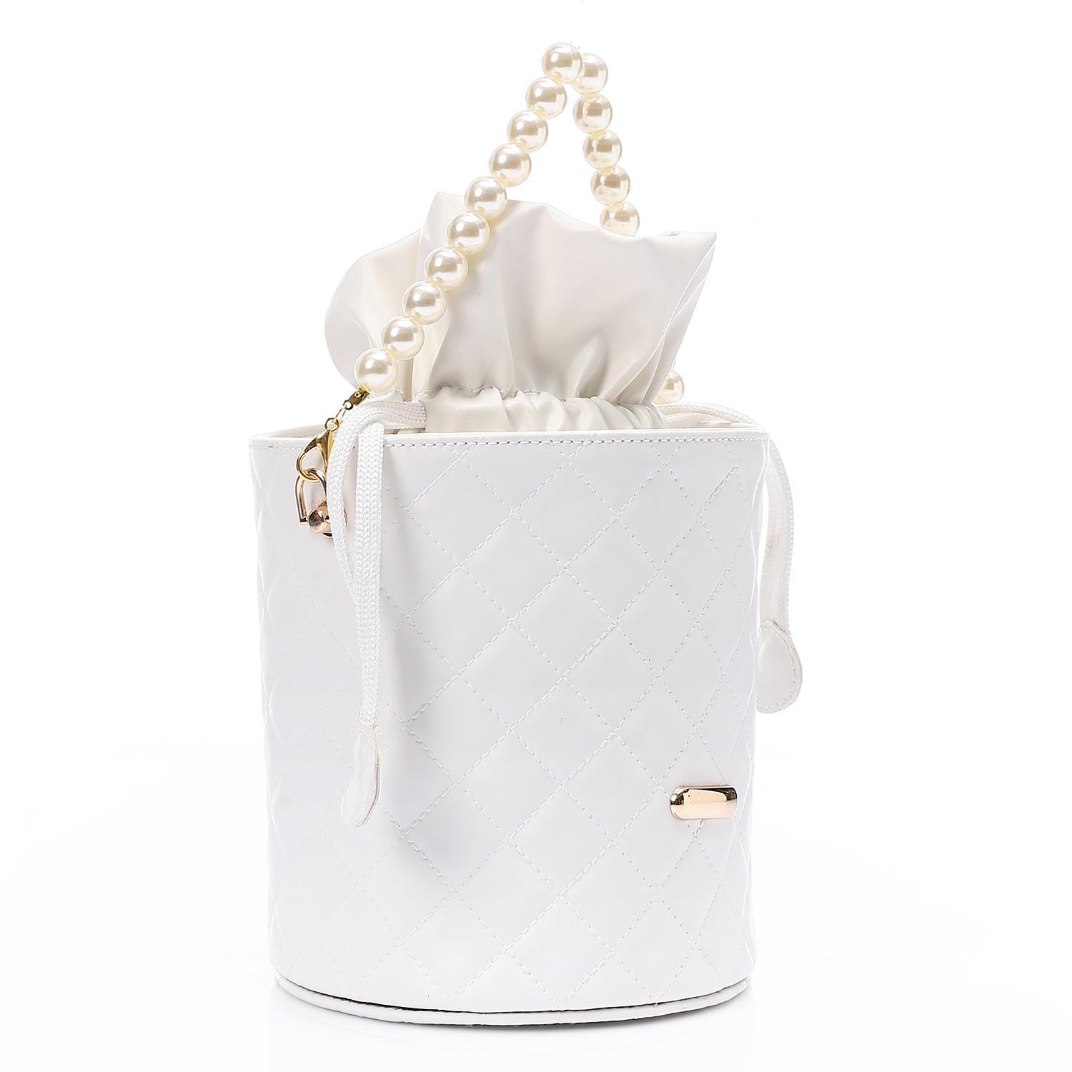 Women's Bucket Bag with Pearl Handle -White