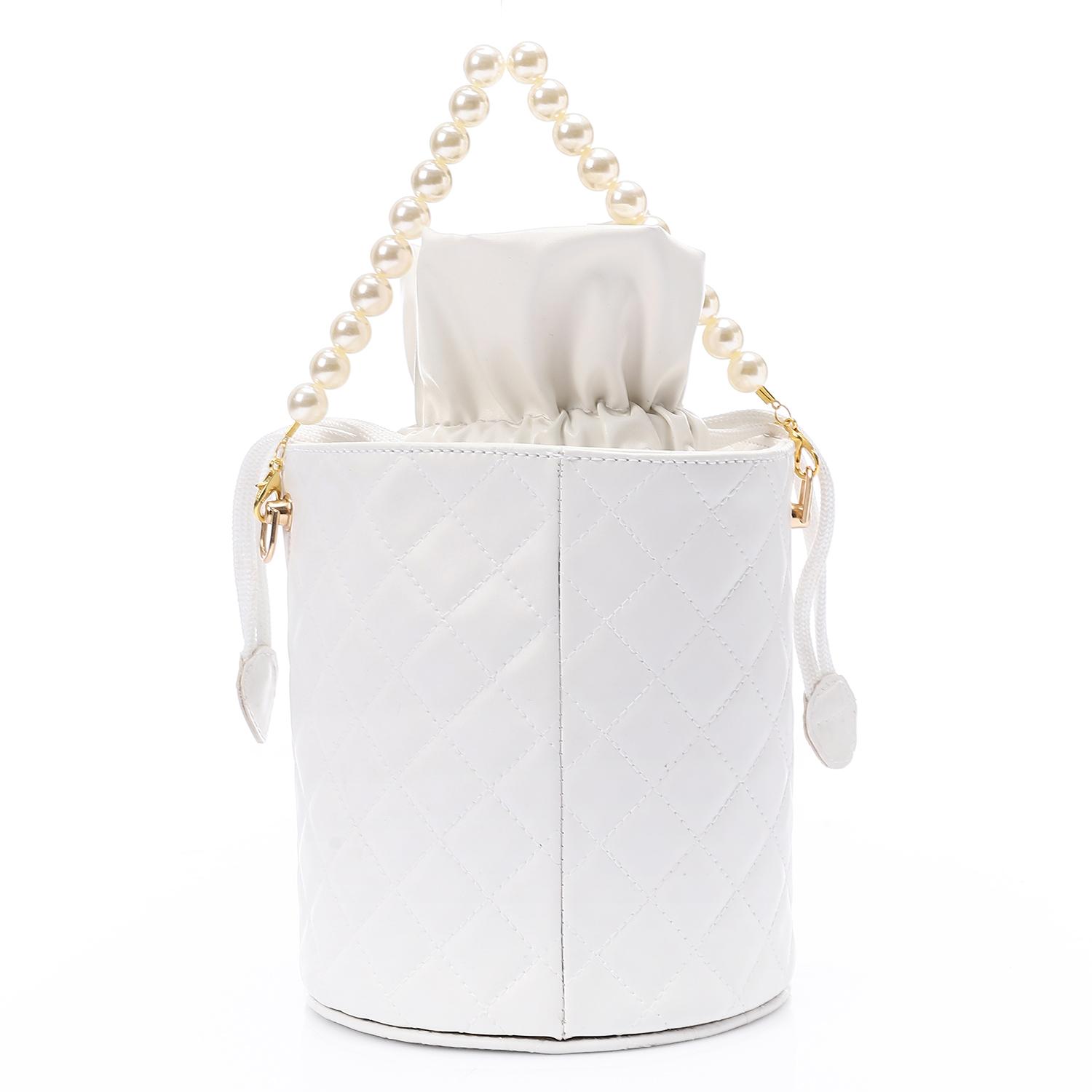 Women's Bucket Bag with Pearl Handle -White
