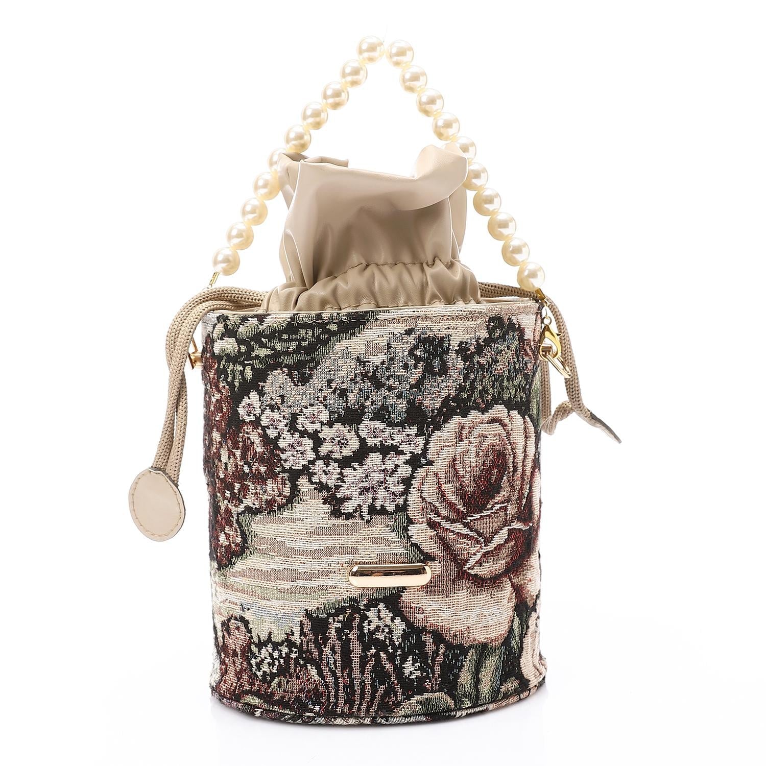 Women's Bucket Bag with Pearl Handle -Beige