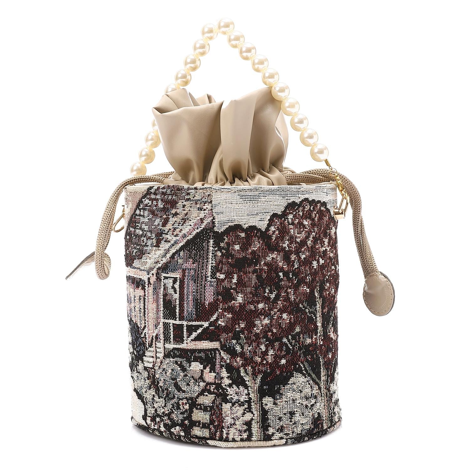 Women's Bucket Bag with Pearl Handle -Beige