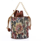 Women's Bucket Bag with Pearl Handle -Beige