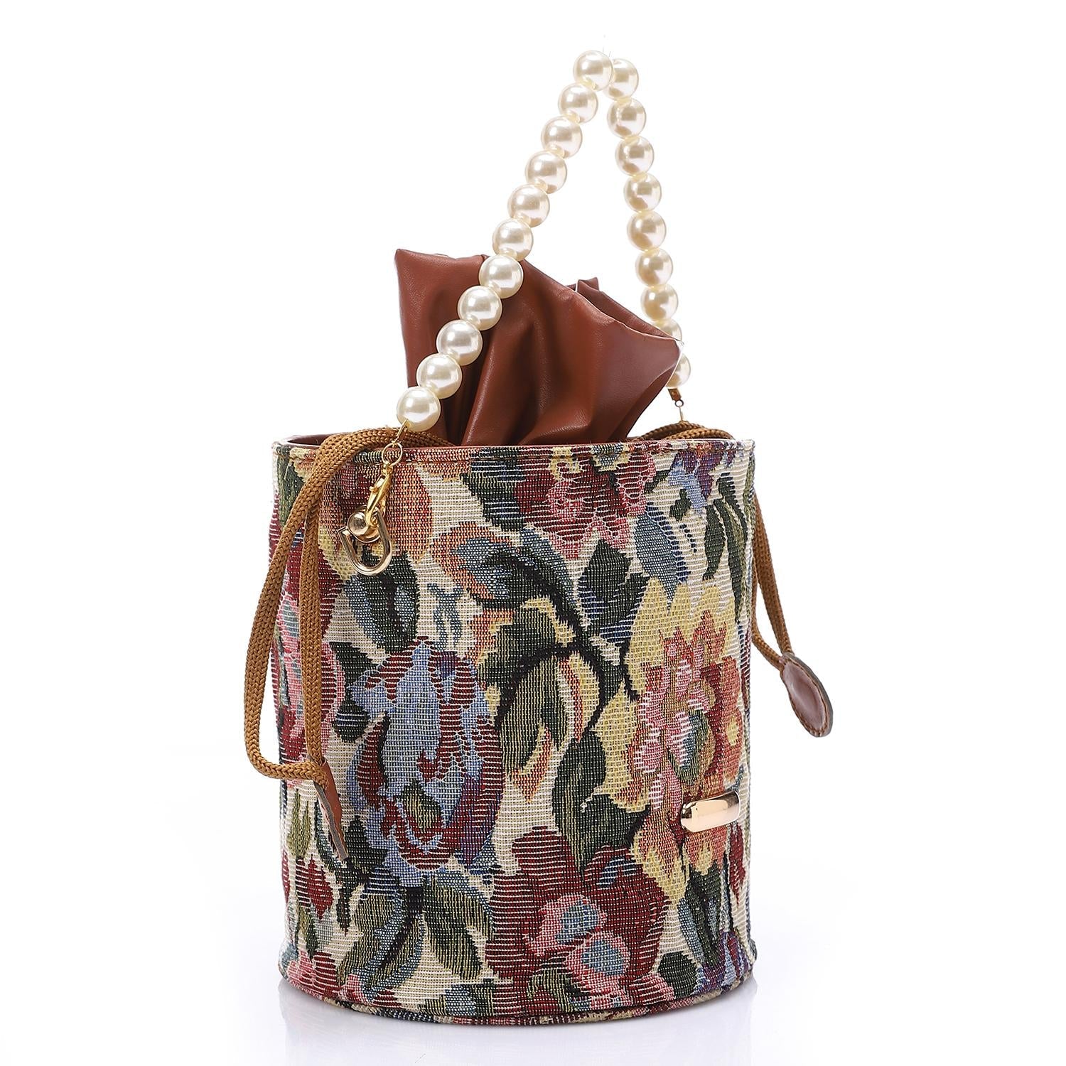 Women's Bucket Bag with Pearl Handle -Beige