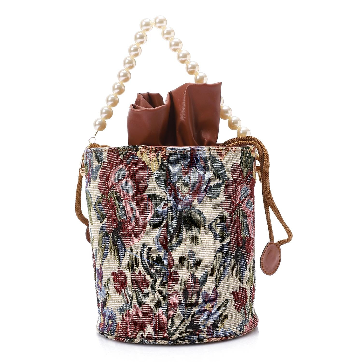 Women's Bucket Bag with Pearl Handle -Beige