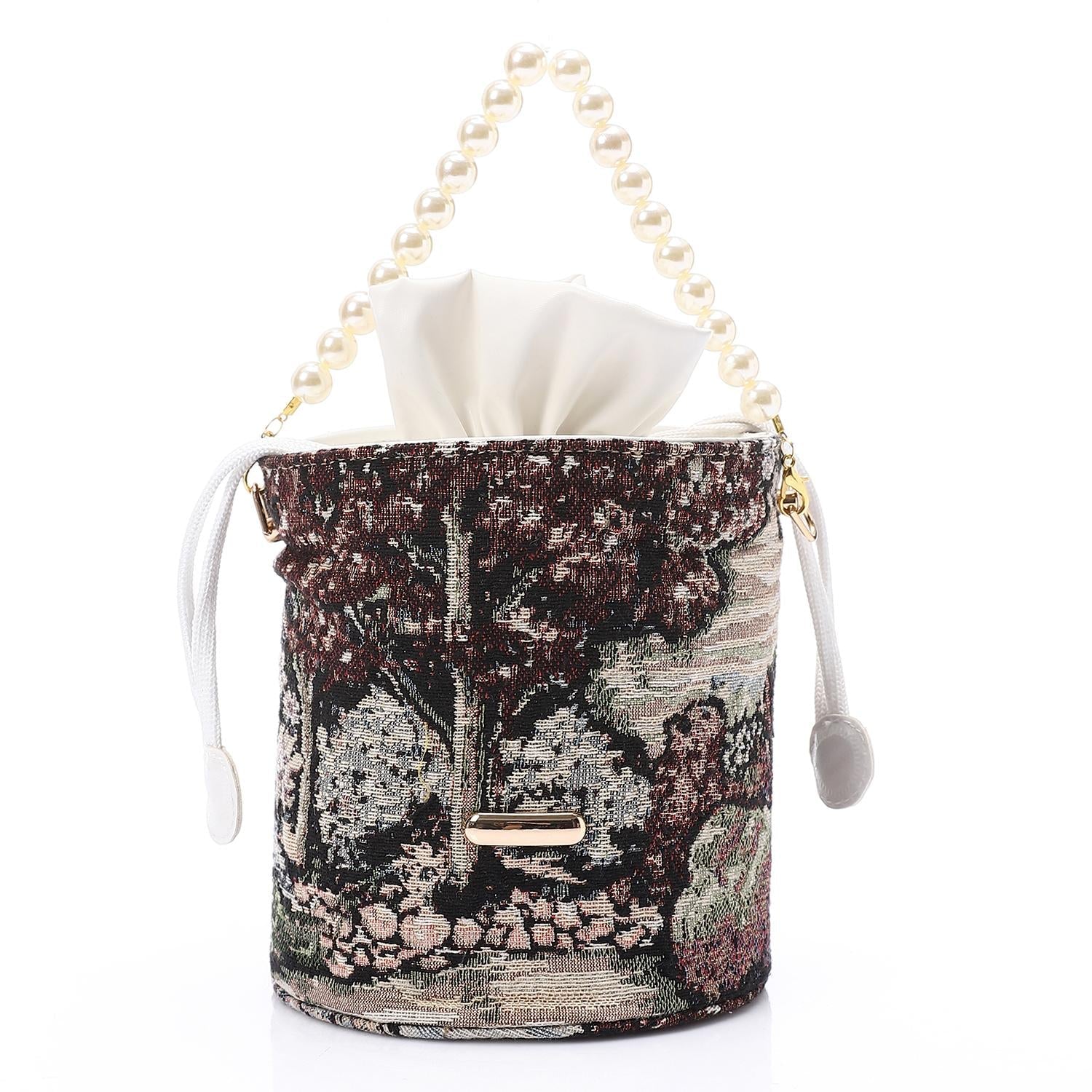 Women's Bucket Bag with Pearl Handle -Beige