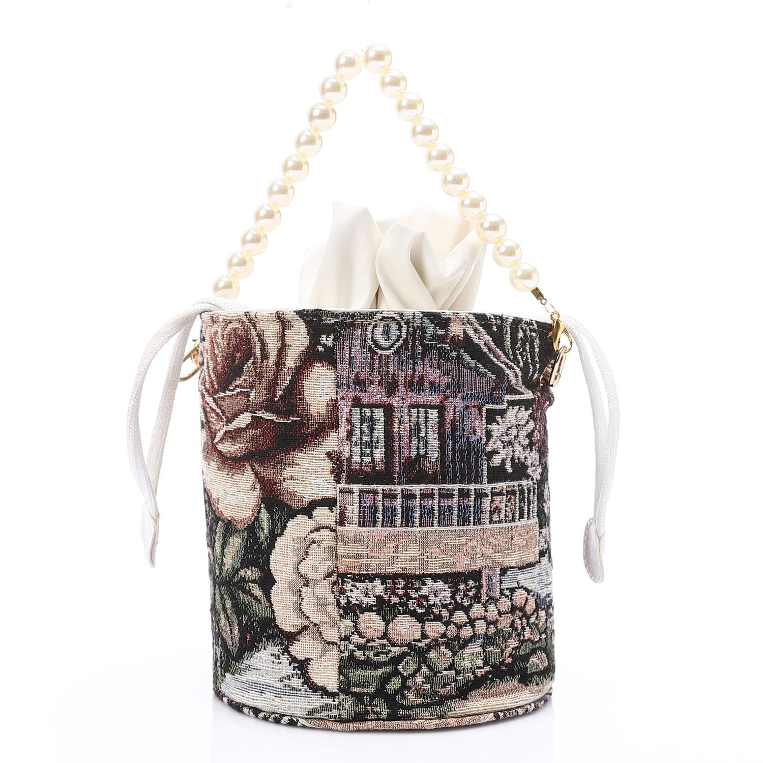 Women's Bucket Bag with Pearl Handle -Beige