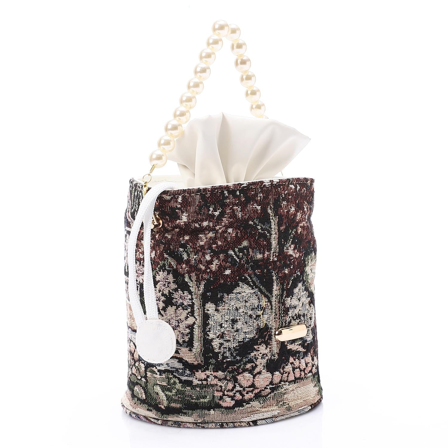 Women's Bucket Bag with Pearl Handle -Beige