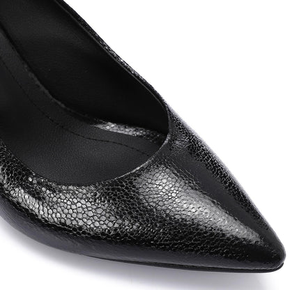 Black Embossed Pointed-Toe Sculptural Heel Pump