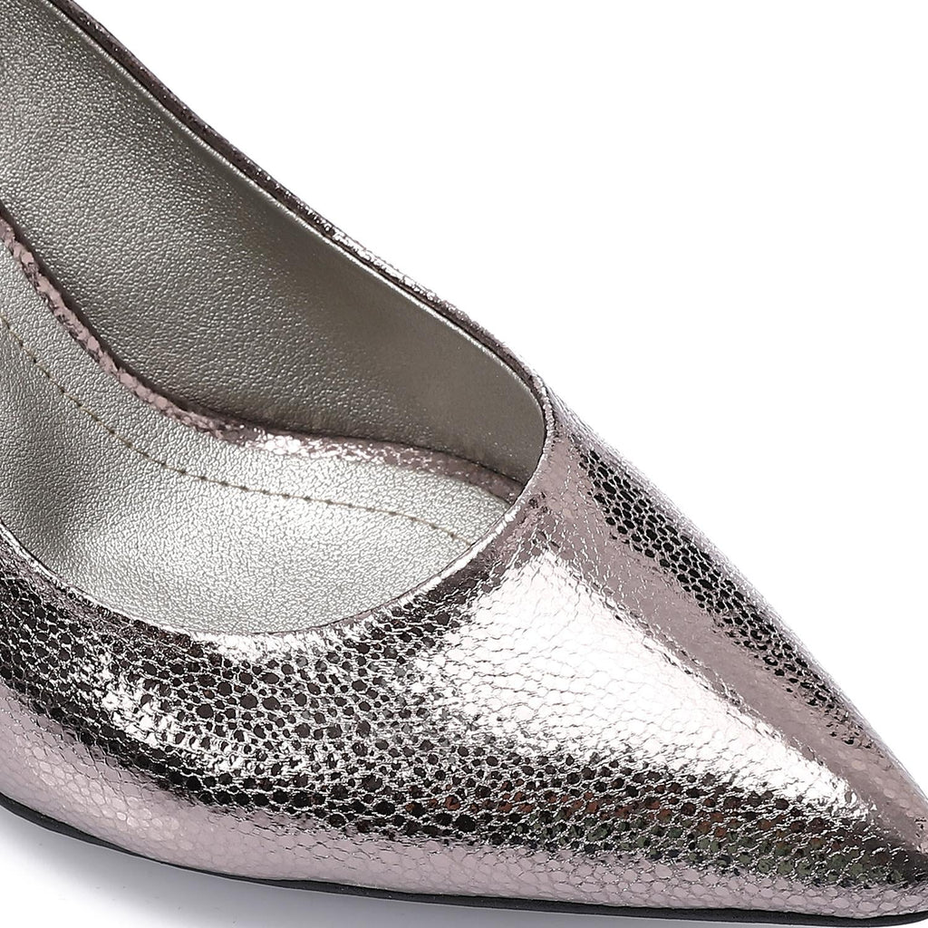 Metallic Grey Embossed Pointed-Toe Sculptural Heel Pump