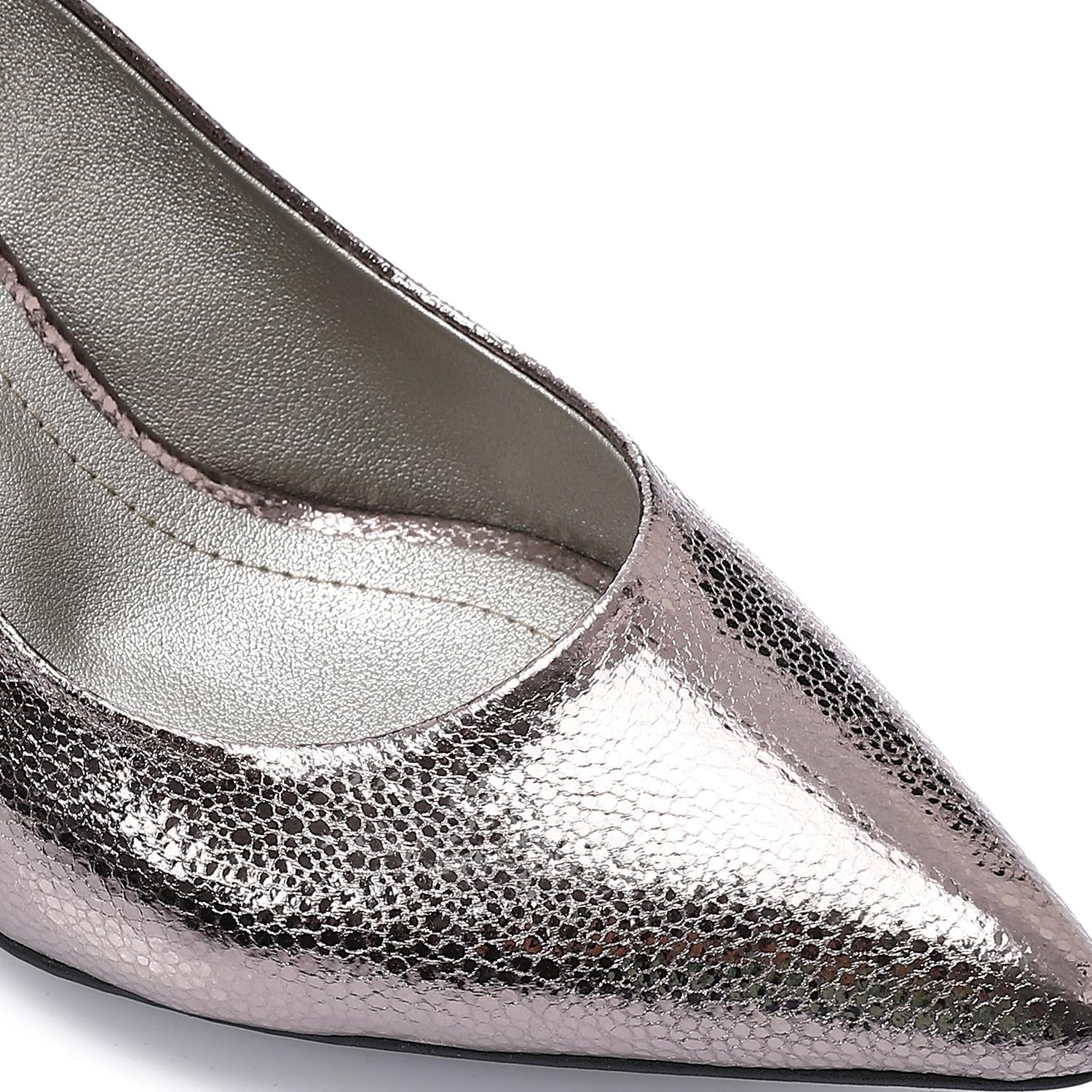 Metallic Grey Embossed Pointed-Toe Sculptural Heel Pump