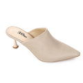 Beige Textured Leather Pointed-Toe Kitten Heel Mule