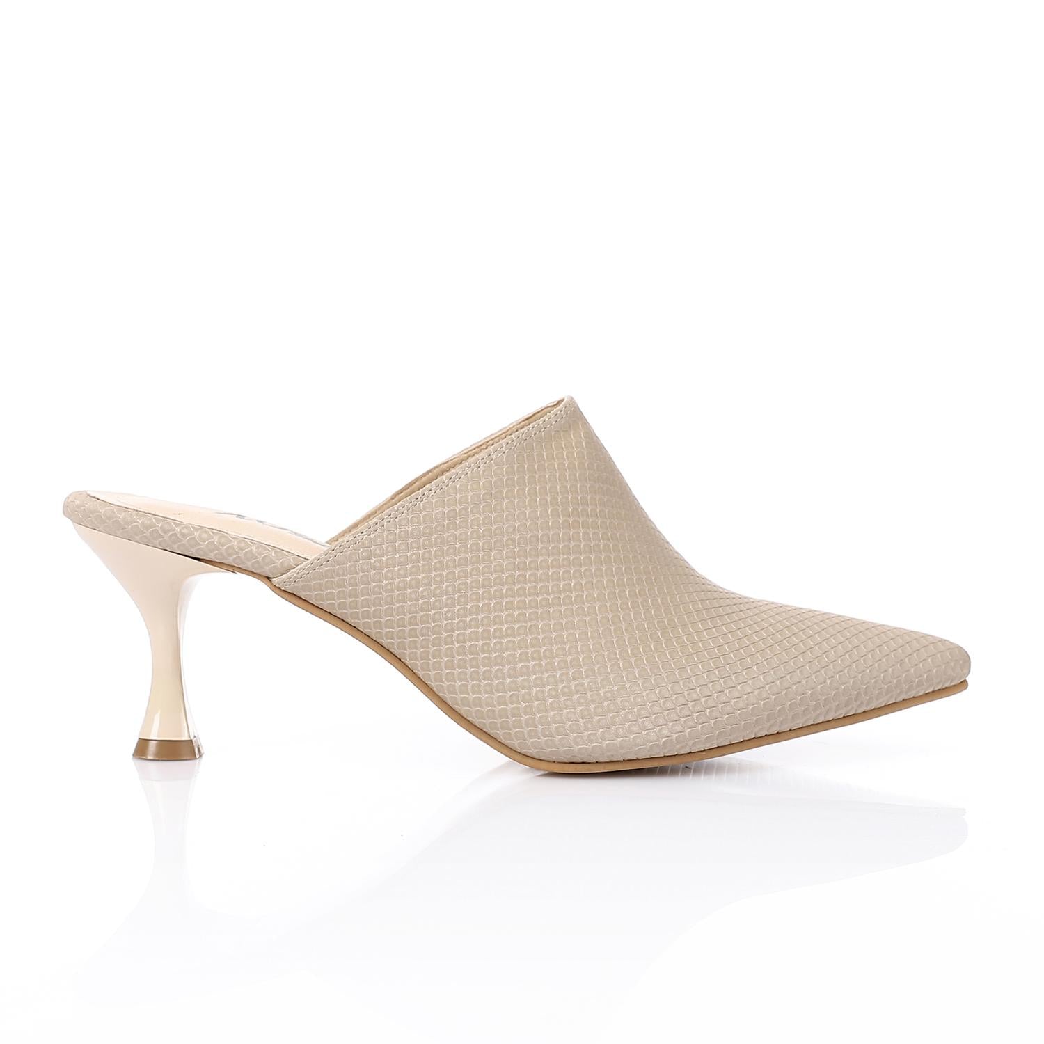 Beige Textured Leather Pointed-Toe Kitten Heel Mule