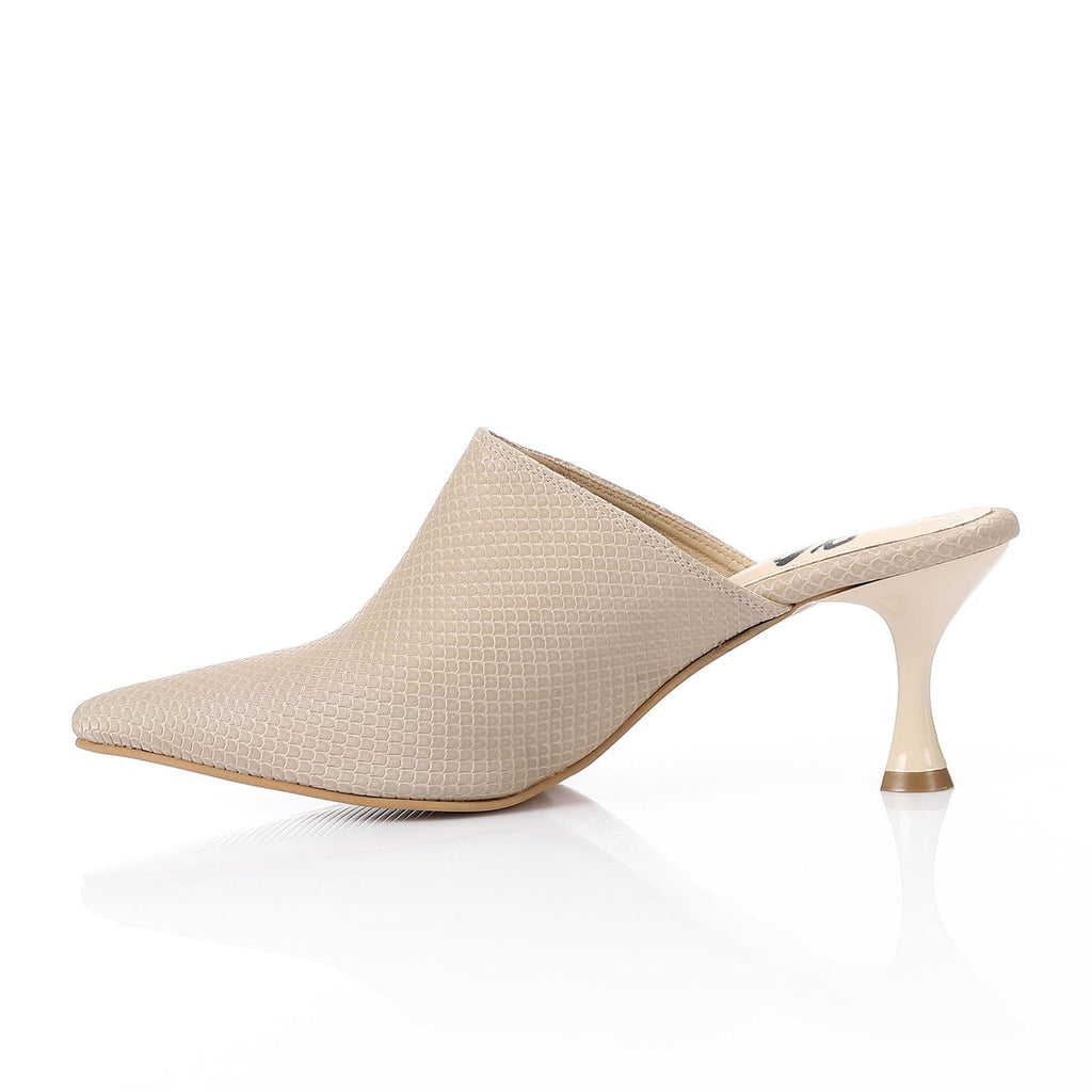 Beige Textured Leather Pointed-Toe Kitten Heel Mule