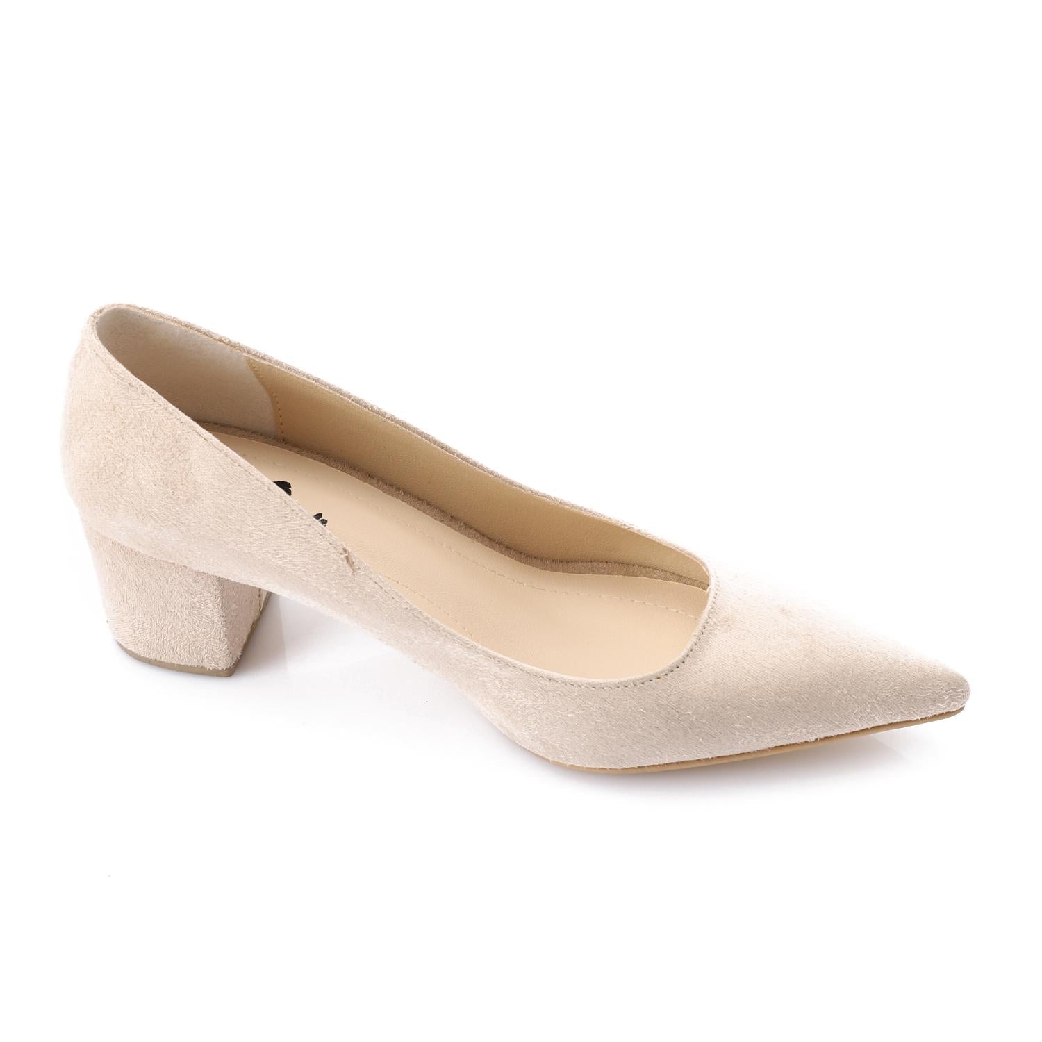 Beige Suede Pointed-Toe Block Heel Pump