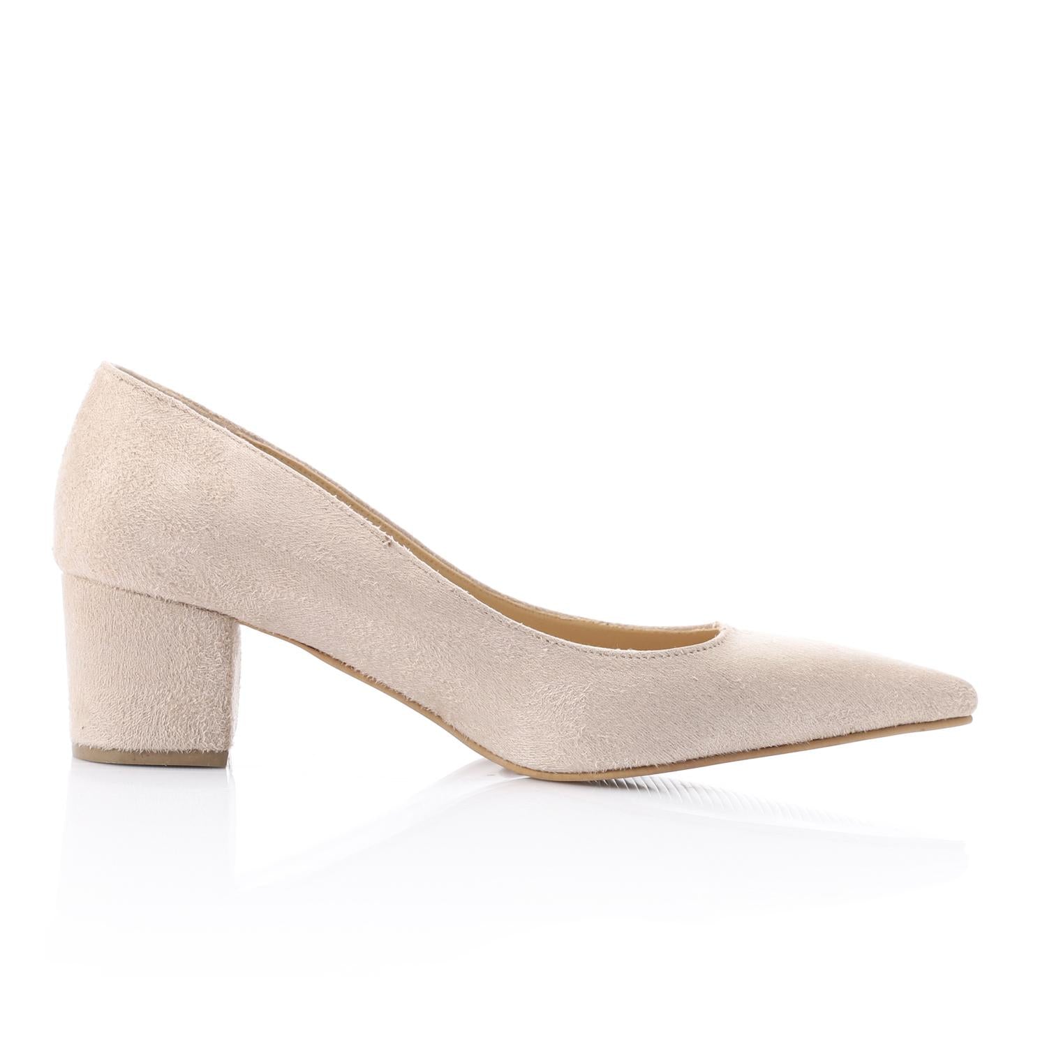 Beige Suede Pointed-Toe Block Heel Pump
