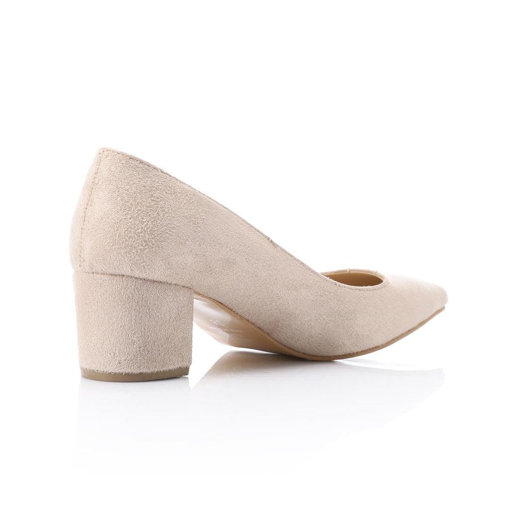 Beige Suede Pointed-Toe Block Heel Pump