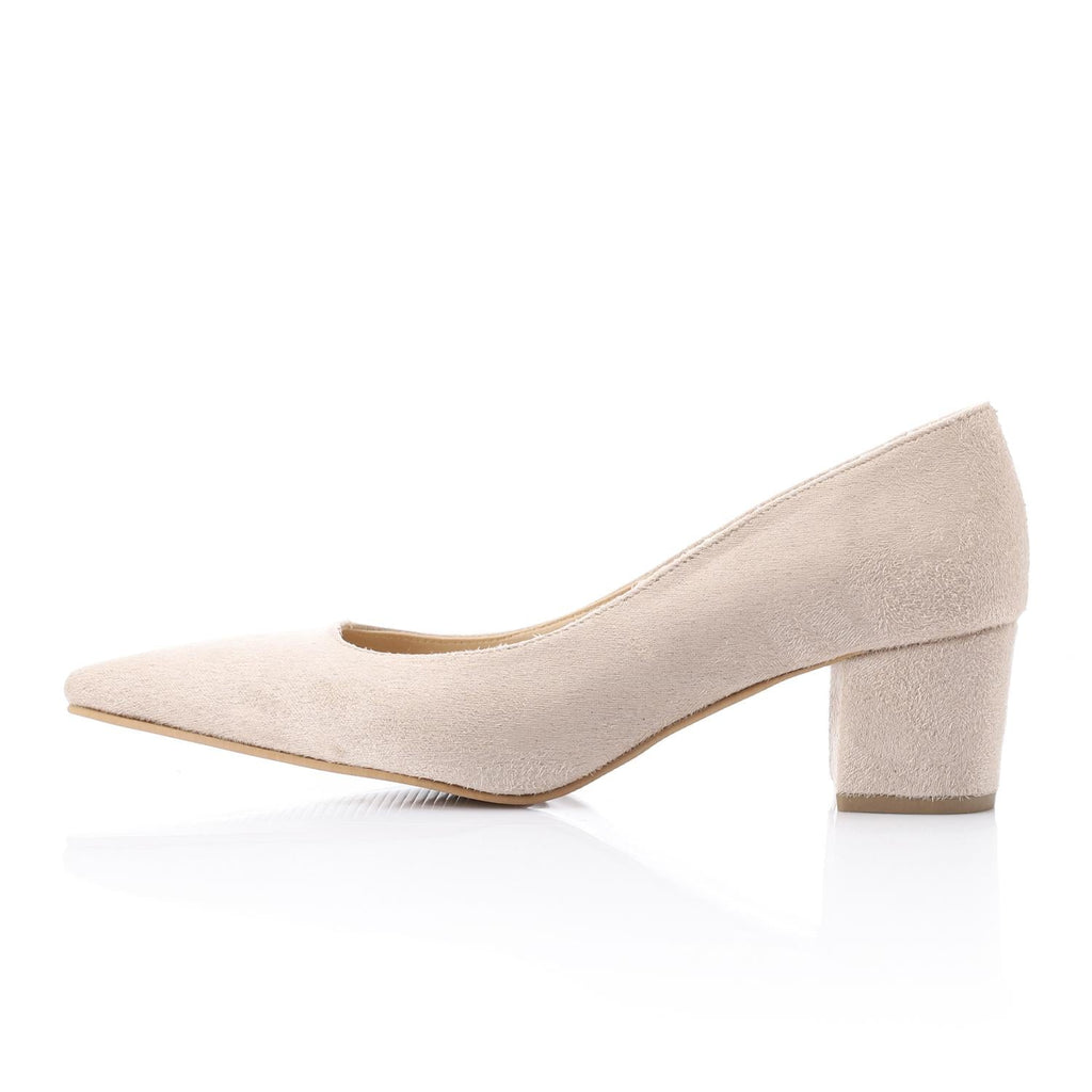 Beige Suede Pointed-Toe Block Heel Pump