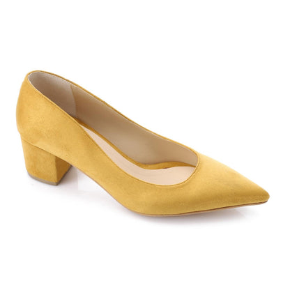Mustard Suede Pointed-Toe Block Heel Pump