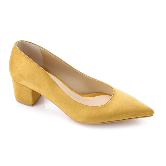 Mustard Suede Pointed-Toe Block Heel Pump