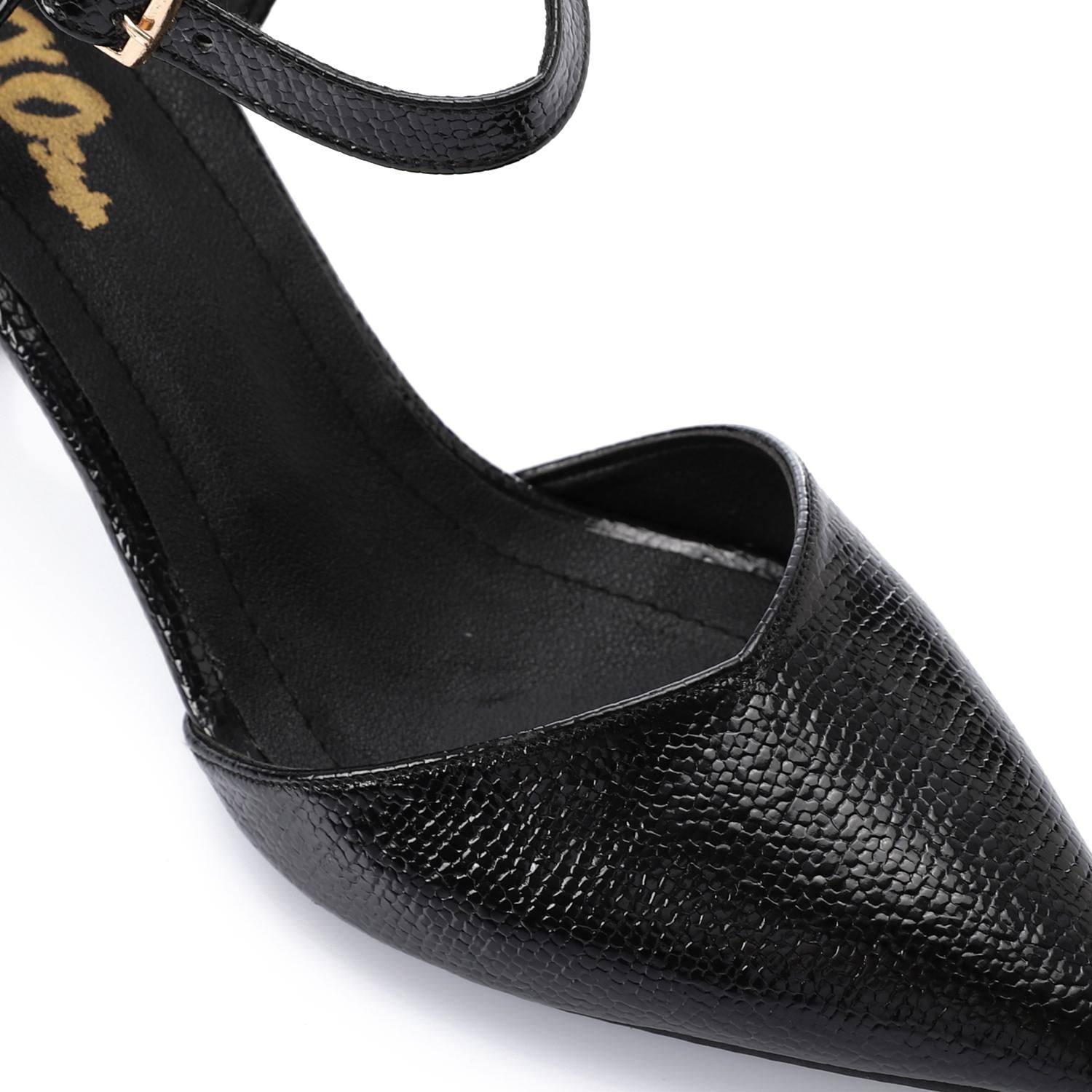 Women's High Heel Mule Sandals – Elegant Pointed Toe, Faux Leather Texture.