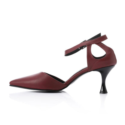 Burgundy Pointed-Toe Kitten Heels with Ankle Strap