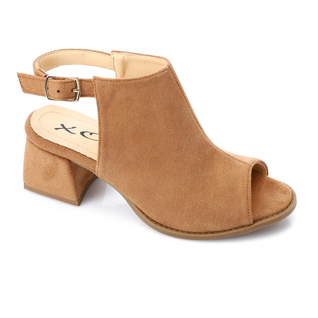 Camel Suede Peep-Toe Block Heel Sandals with Ankle Strap