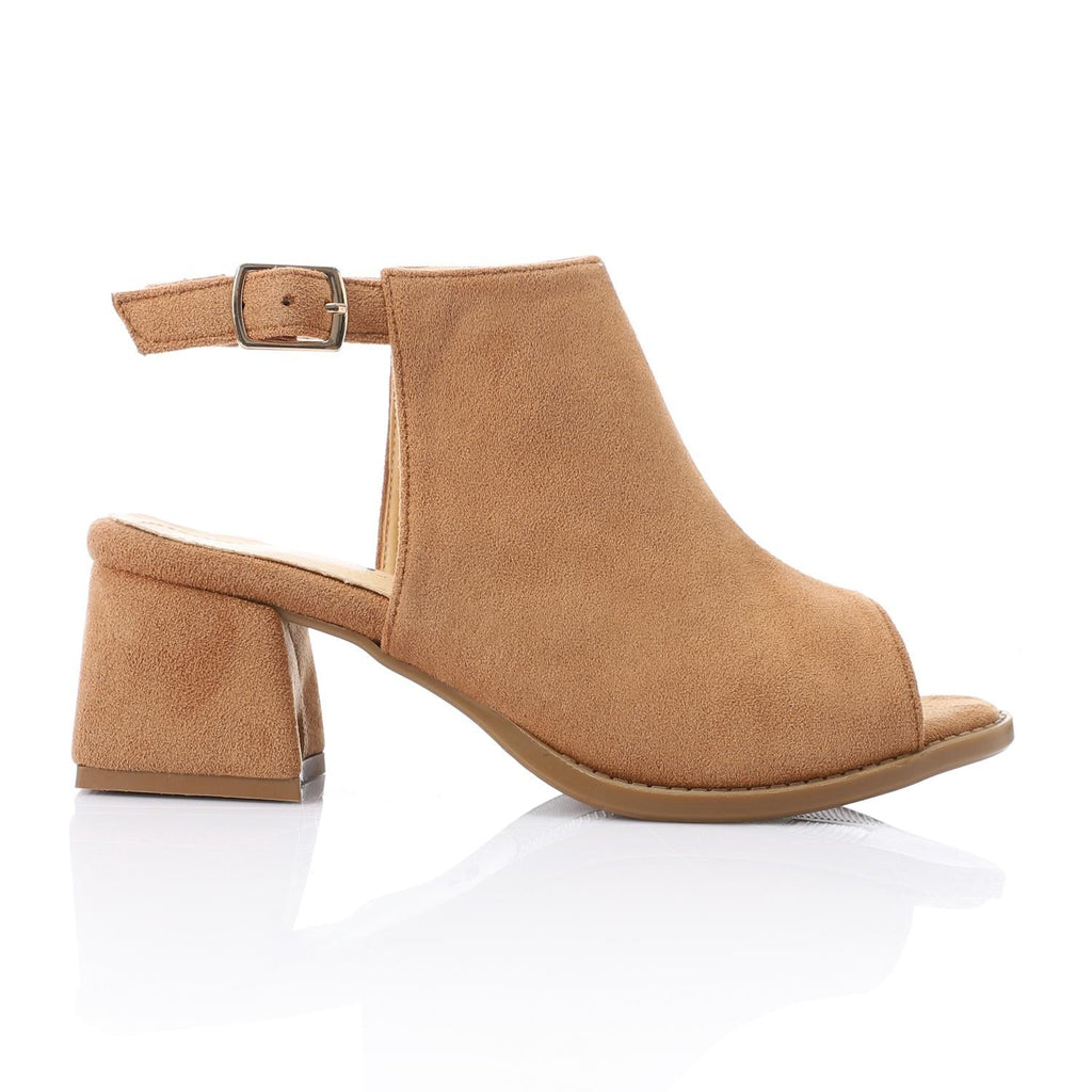 Camel Suede Peep-Toe Block Heel Sandals with Ankle Strap