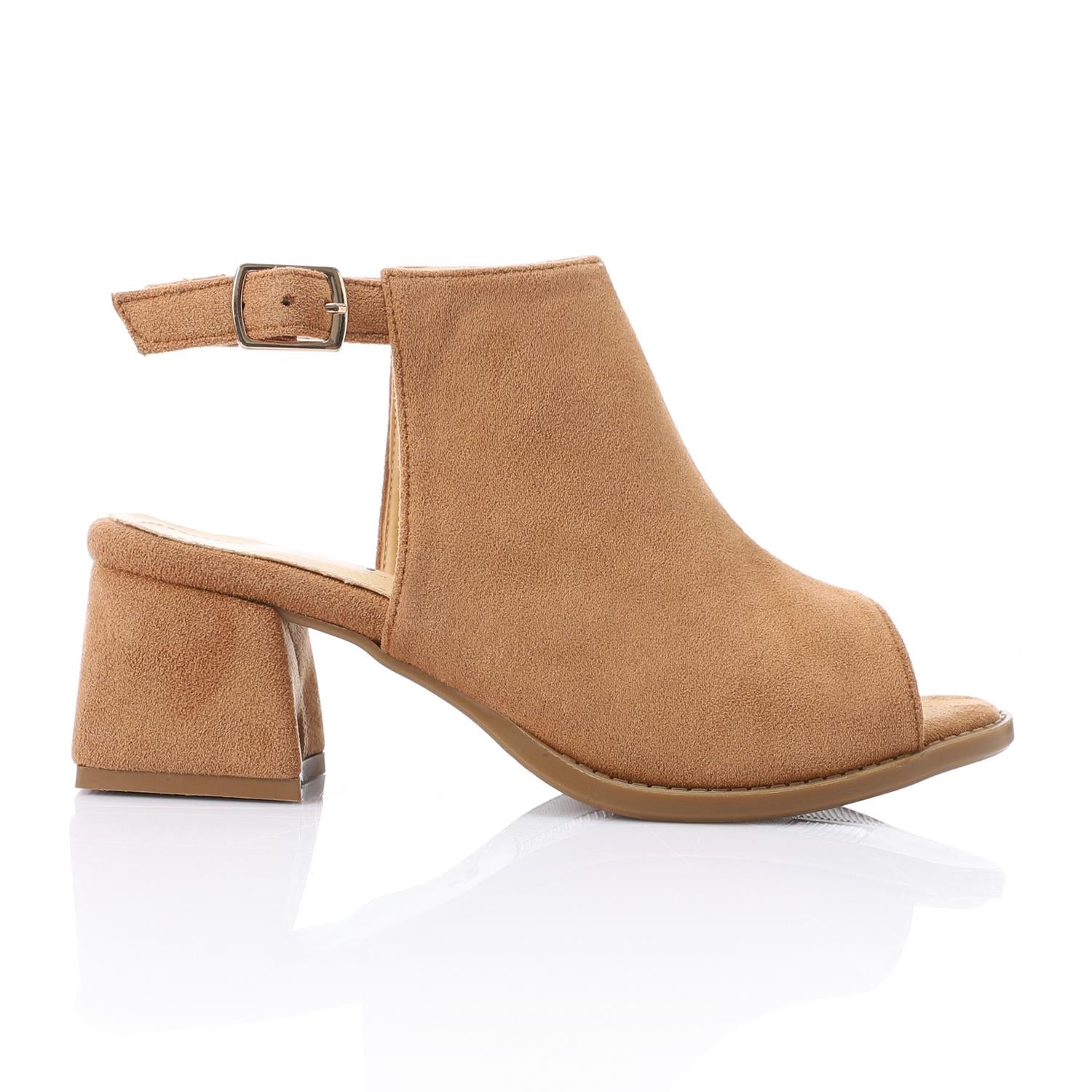 Camel Suede Peep-Toe Block Heel Sandals with Ankle Strap