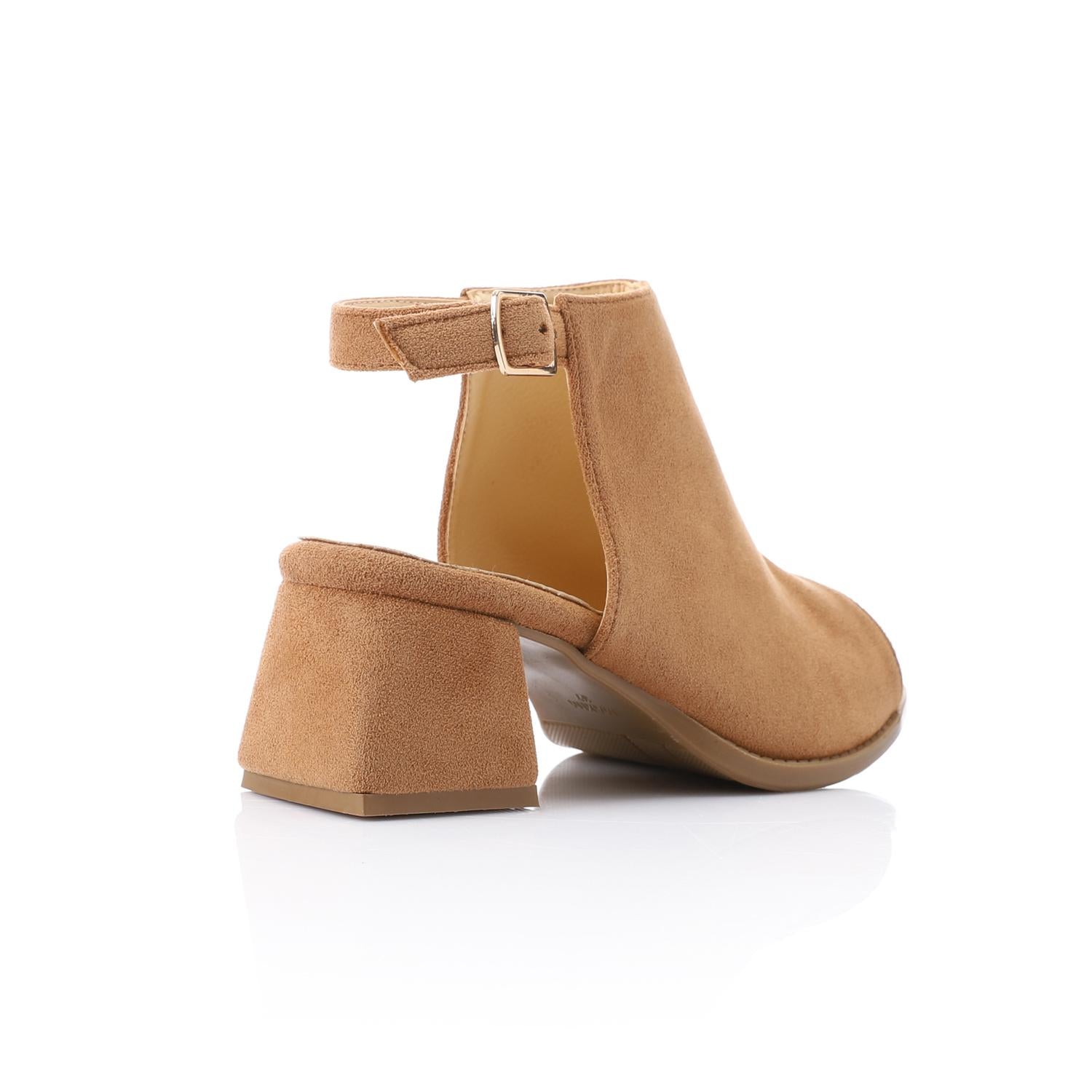 Camel Suede Peep-Toe Block Heel Sandals with Ankle Strap