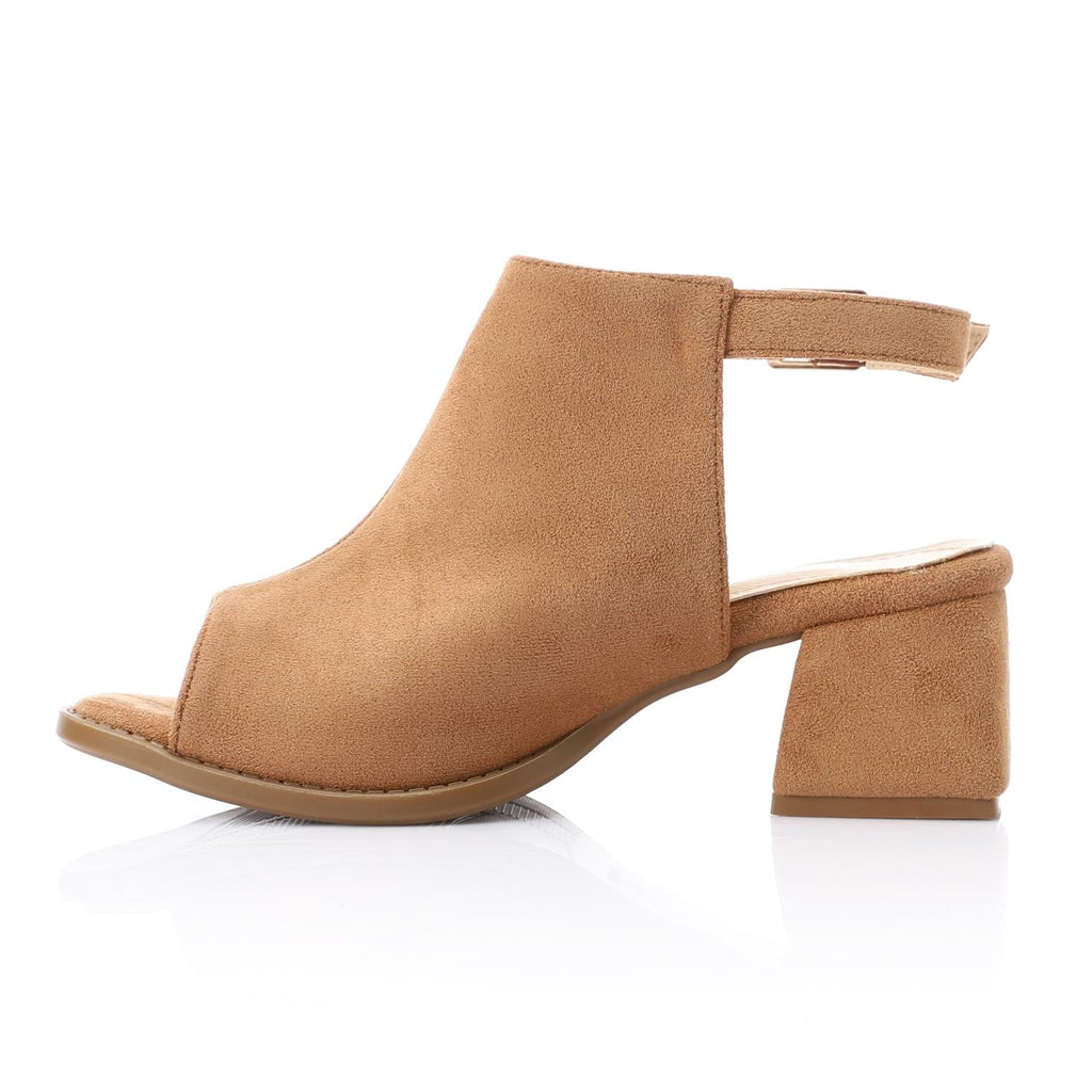 Camel Suede Peep-Toe Block Heel Sandals with Ankle Strap