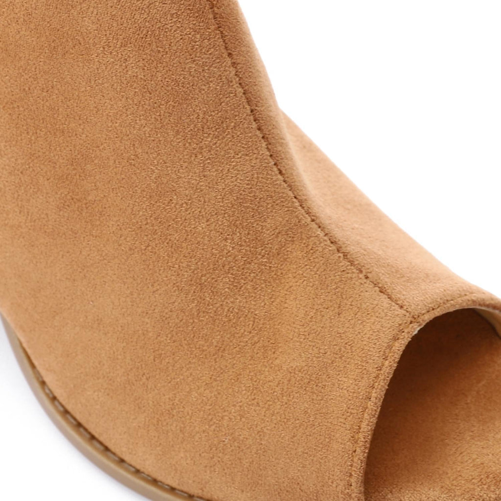 Camel Suede Peep-Toe Block Heel Sandals with Ankle Strap