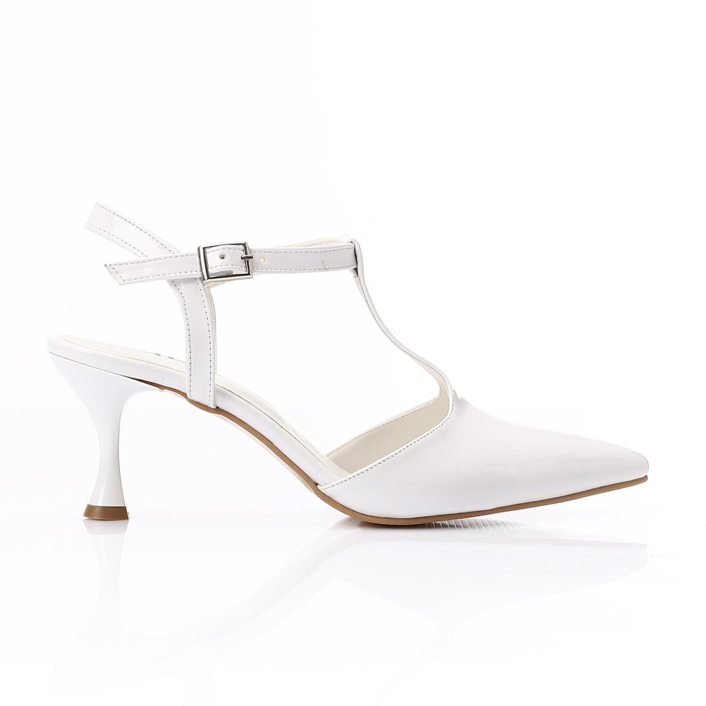 Women’s T-Strap Heeled Shoe – Glossy White – Perfect for Bridal & Elegant Occasions.