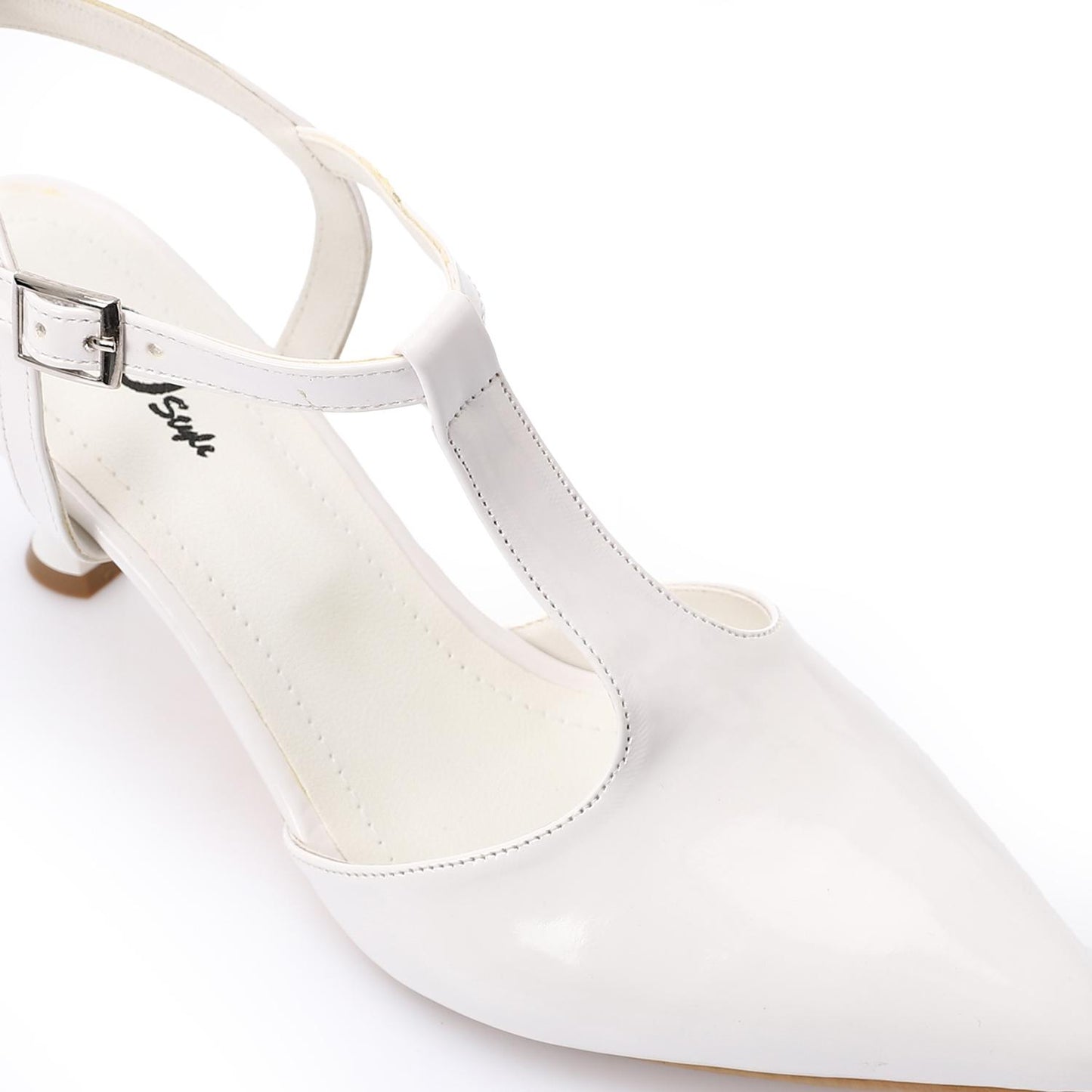 Women’s T-Strap Heeled Shoe – Glossy White – Perfect for Bridal & Elegant Occasions.