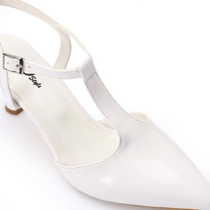 Women’s T-Strap Heeled Shoe – Glossy White – Perfect for Bridal & Elegant Occasions.