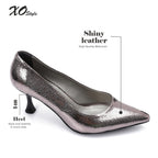 Elegant Silver Women's Heeled Shoes with Pointed Toe and Stylish Block Heel.
